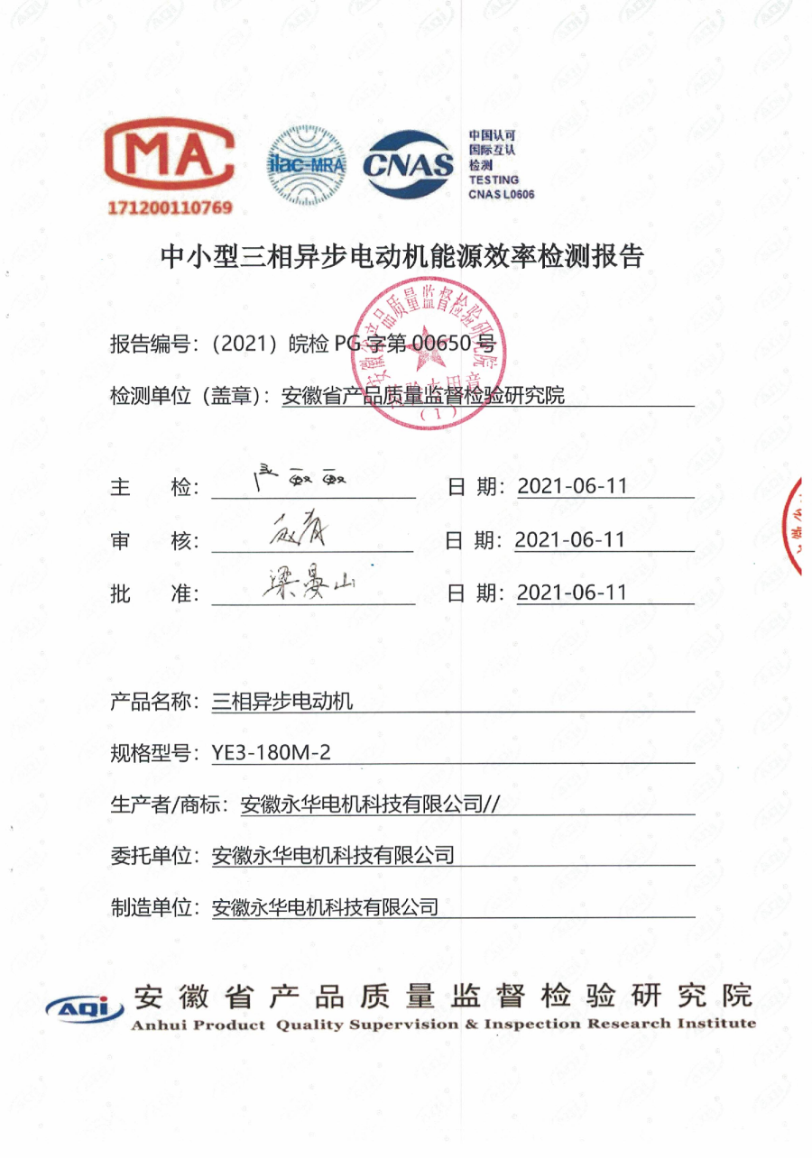 中小型三相异步电动机能源效率检测报告