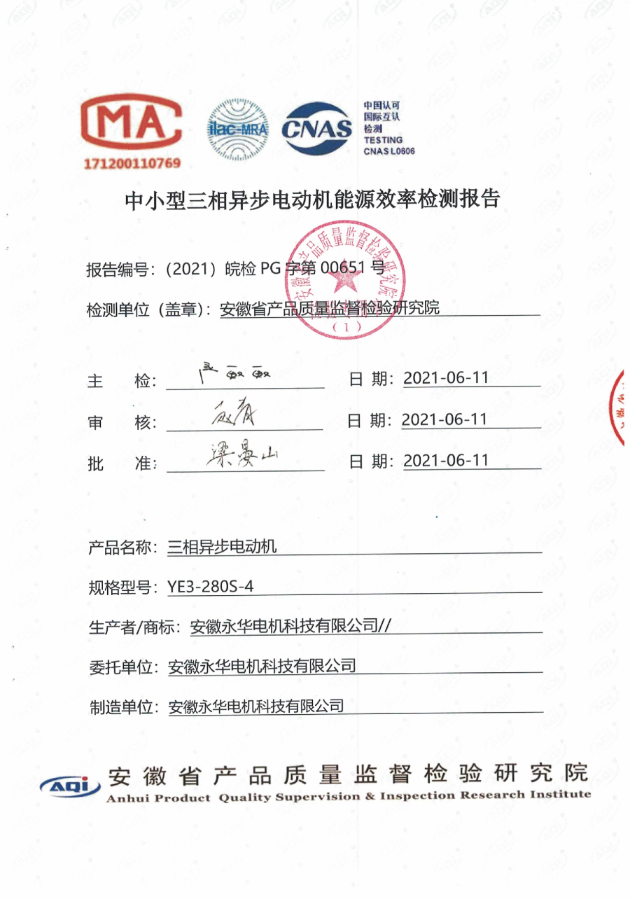 中小型三相异步电动机能源效率检测报告