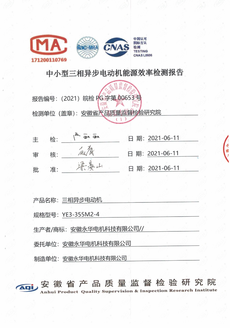 中小型三相异步电动机能源效率检测报告