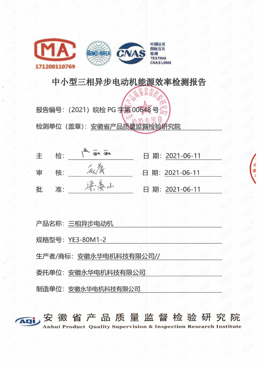中小型三相异步电动机能源效率检测报告