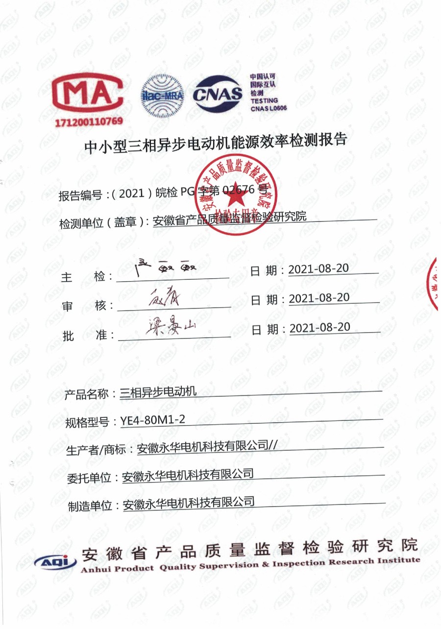 中小型三相异步电动机能源效率检测报告