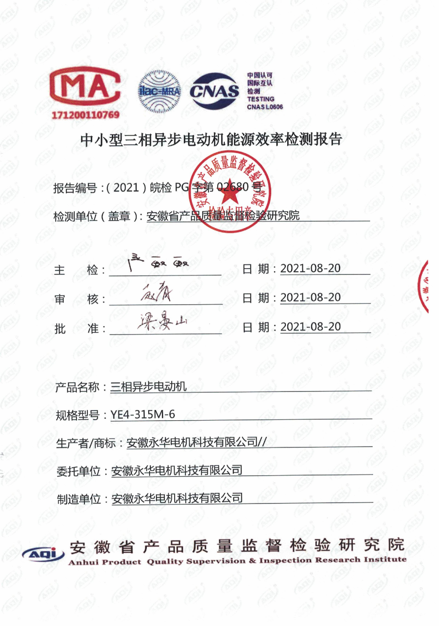 中小型三相异步电动机能源效率检测报告