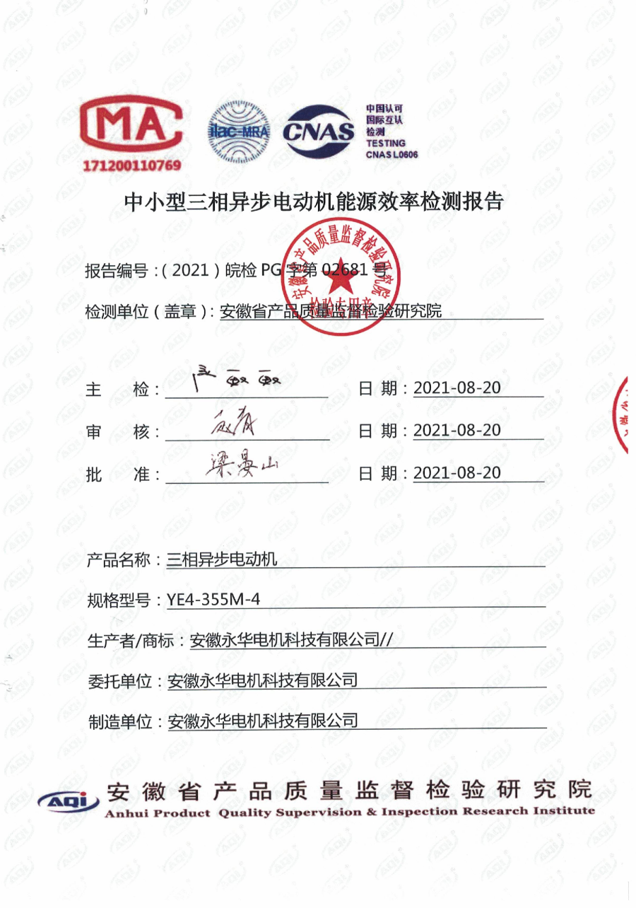 中小型三相异步电动机能源效率检测报告