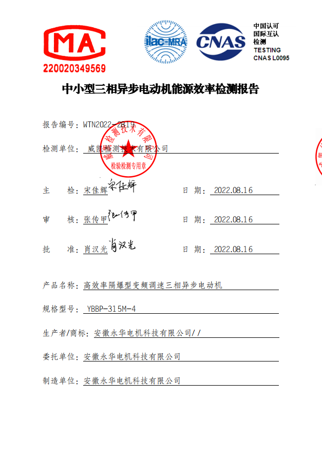 中小型三相异步电动机能源效率检测报告
