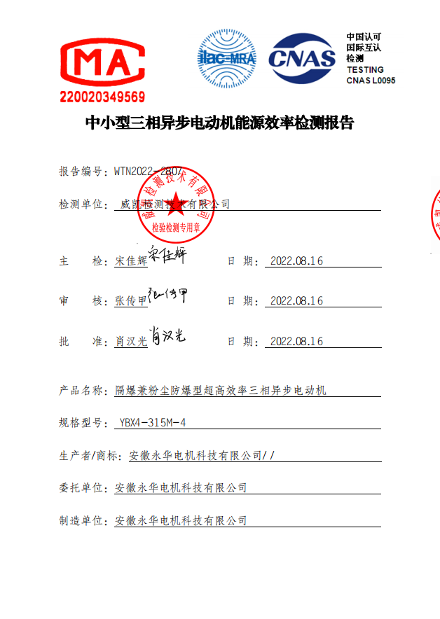 中小型三相异步电动机能源效率检测报告