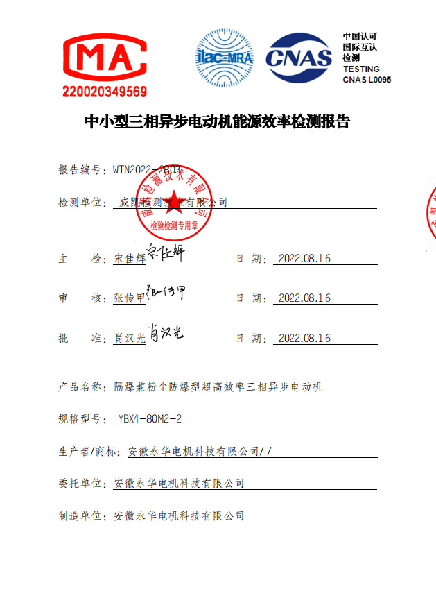 中小型三相异步电动机能源效率检测报告