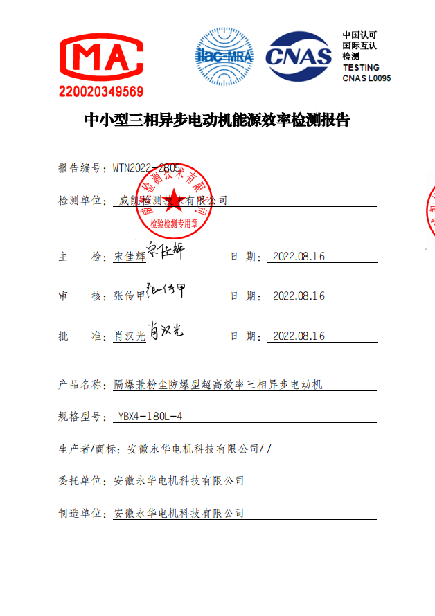 中小型三相异步电动机能源效率检测报告