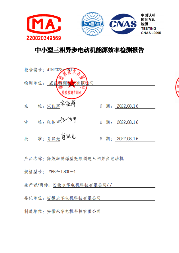 中小型三相异步电动机能源效率检测报告